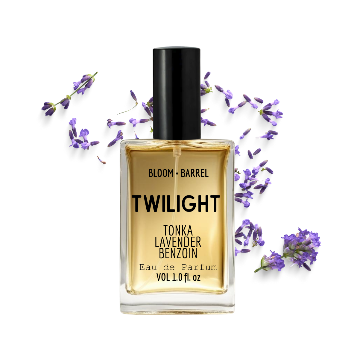 Perfume bottle labeled 'Twilight' by Bloom & Barrel with lavender flowers on a white background