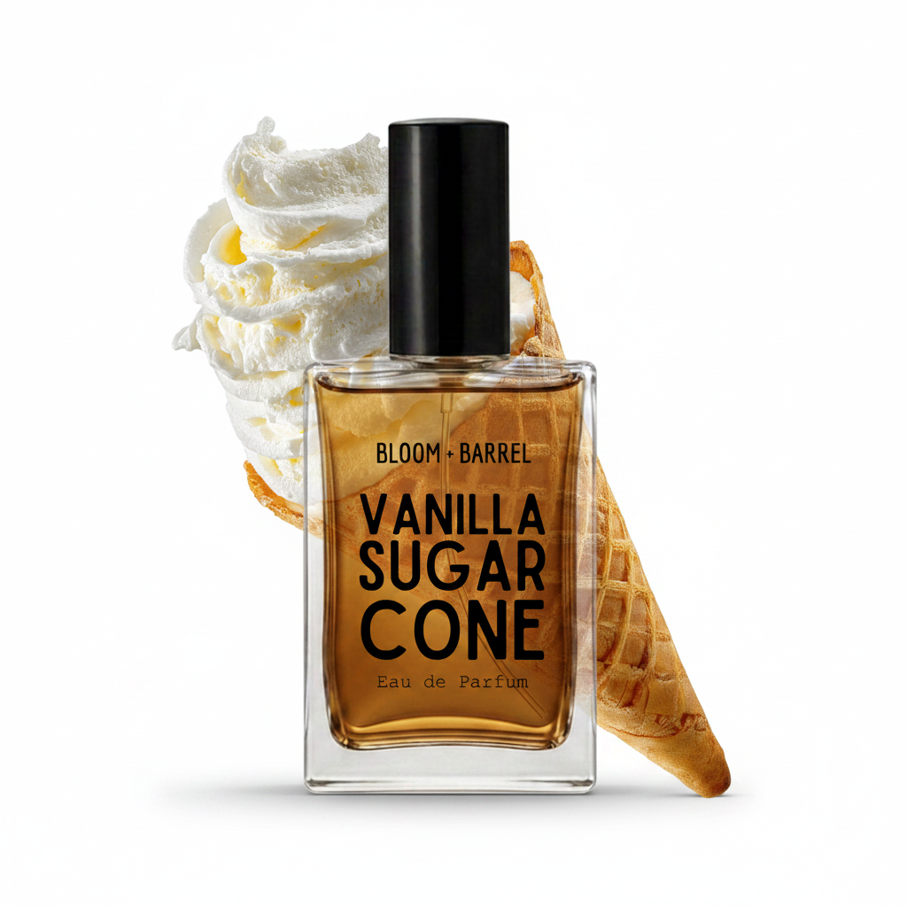 A rectangular glass perfume bottle labeled 'BLOOM • BARREL VANILLA SUGAR CONE Eau de Parfum' with a black cap, shown on a white background with whipped cream and a waffle cone behind it.