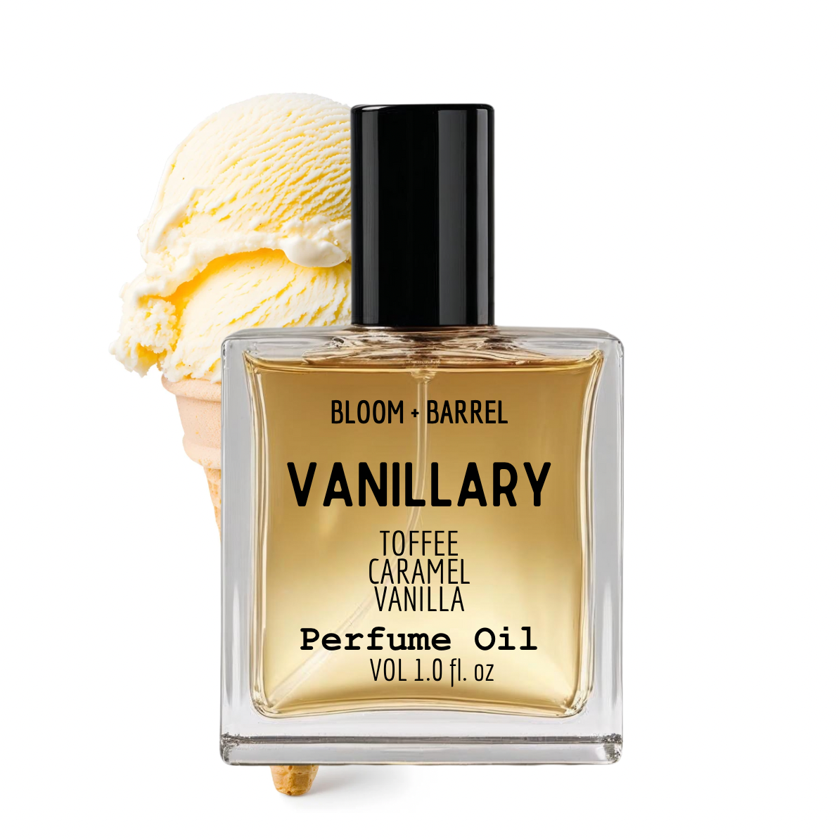 Perfume oil bottle labeled 'Vanillary' with a scoop of vanilla ice cream on a white background
