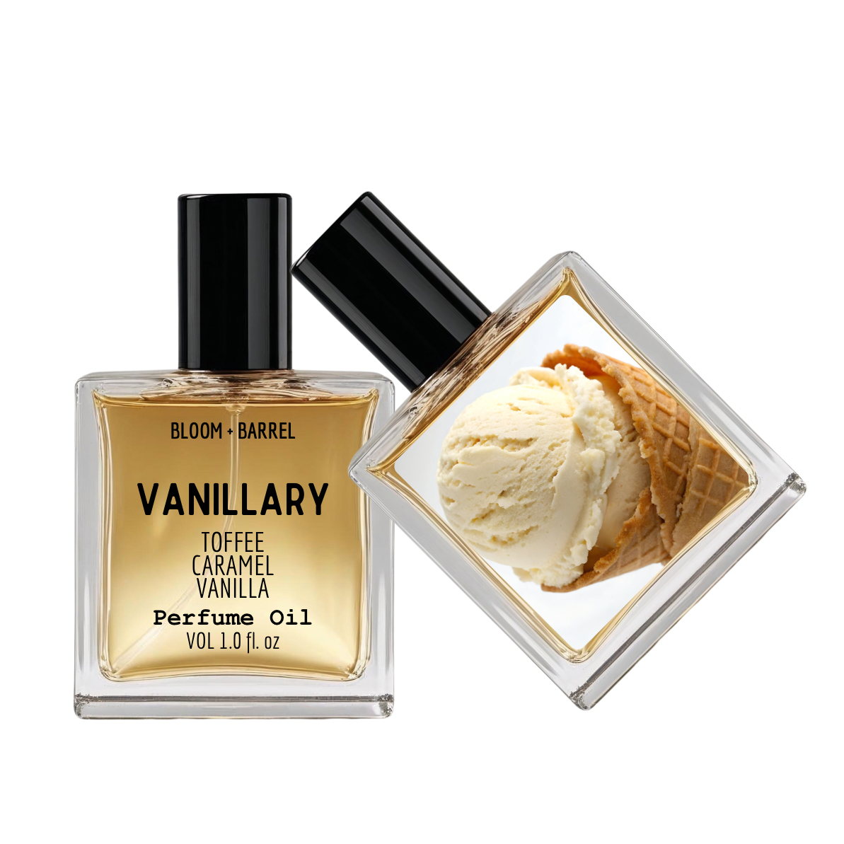 Vanillary perfume oil bottle with ice cream cone design on a white background