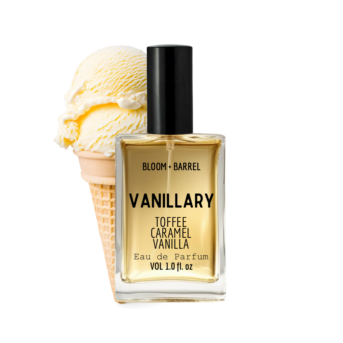 Bottle of Bloom & Barrel Vanillary perfume next to a vanilla ice cream cone on a white background