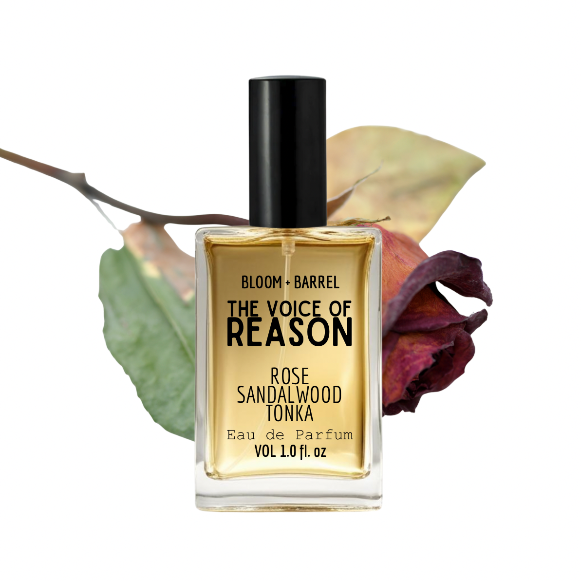 Perfume bottle labeled 'The Voice of Reason' with floral elements on a white background