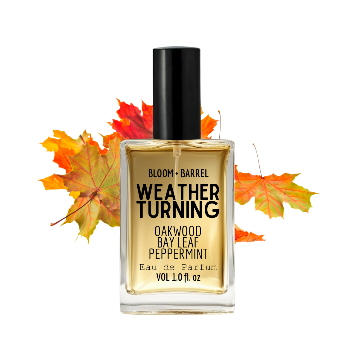 Perfume bottle labeled 'Weather Turning' with autumn leaves on a white background