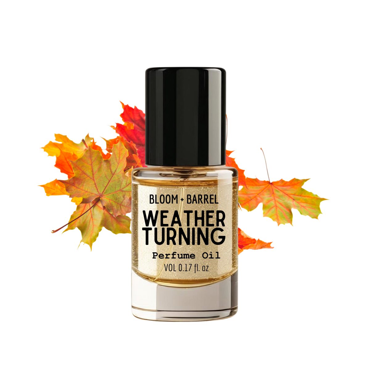 Bottle of Bloom & Barrel Weather Turning Perfume Oil with autumn leaves on a white background
