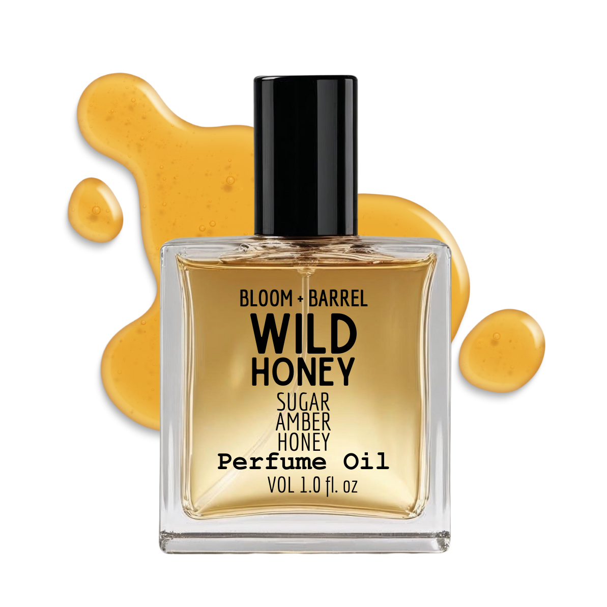 Perfume oil bottle labeled 'Wild Honey' with a black cap on a white background