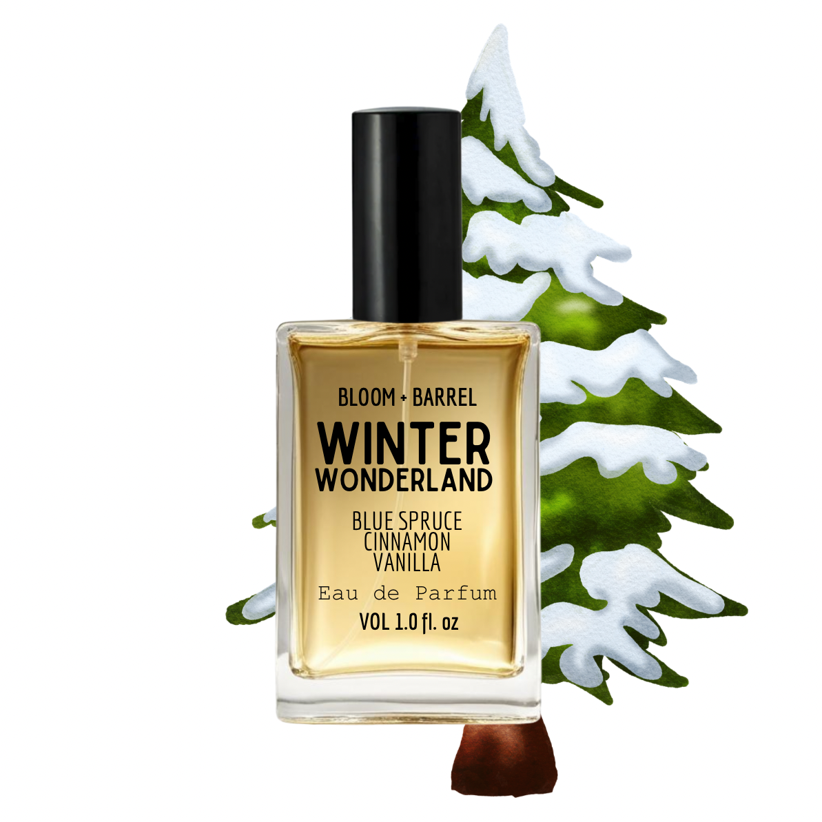 Perfume bottle labeled 'Winter Wonderland' with a snowy pine tree on a white background