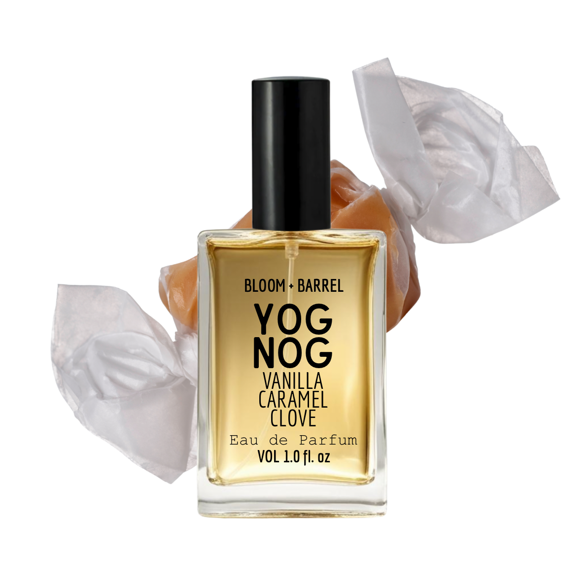 Perfume bottle labeled 'Yog Nog' by Bloom & Barrel with a white background