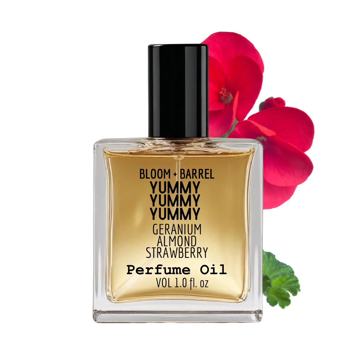 Perfume oil bottle with black cap and gold label featuring floral design on a white background
