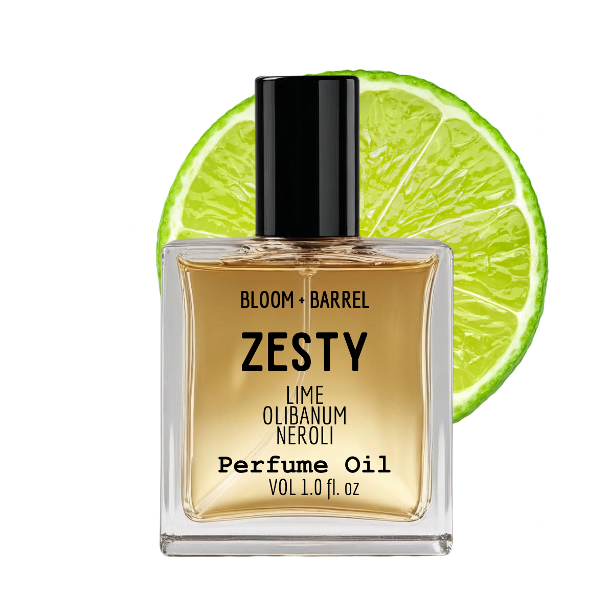 Perfume oil bottle labeled 'Zesty' with a lime slice in the background