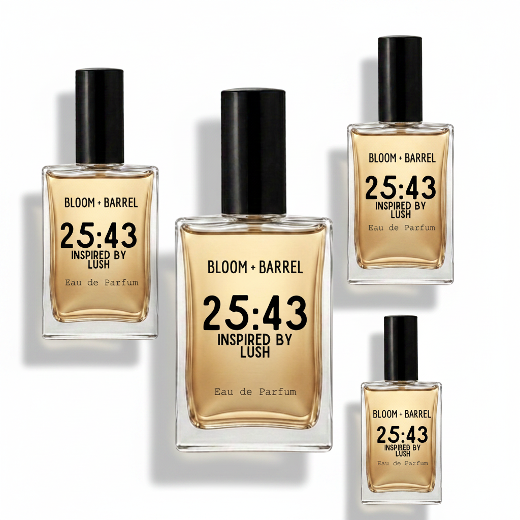 Four glass perfume bottles with black caps on a white background, varying in size but all labeled BLOOM + BARREL 25:43 Inspired By Lush Eau de Parfum.