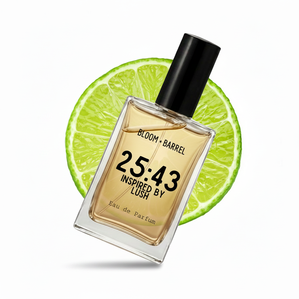 A rectangular glass perfume bottle with a black cap, filled with amber-toned fragrance, centered in front of a bright lime slice on a white background. The bottle label reads 'BLOOM • BARREL', '25:43', 'INSPIRED BY LUSH', and 'Eau de Parfum'.