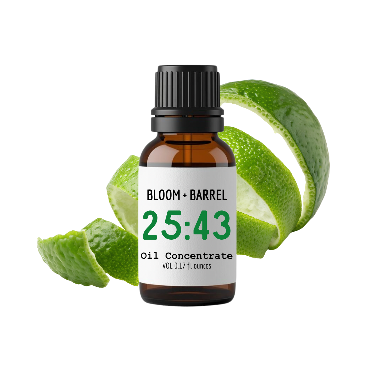 Bottle of Bloom & Barrel oil concentrate with green leaves on a white background