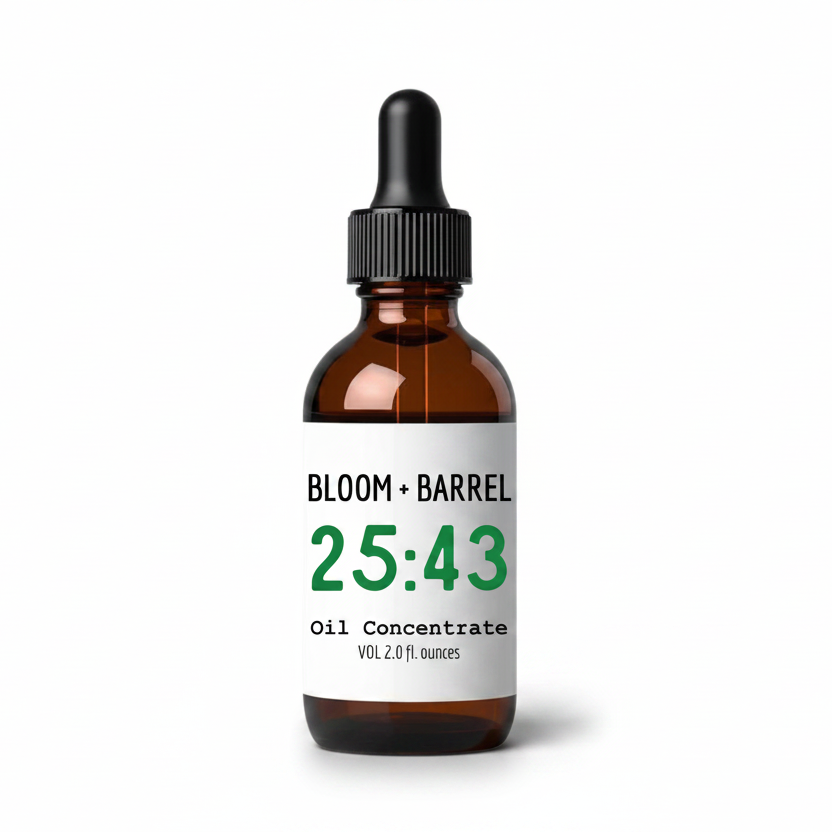 Bottle of Bloom + Barrel oil concentrate with a dropper on a white background