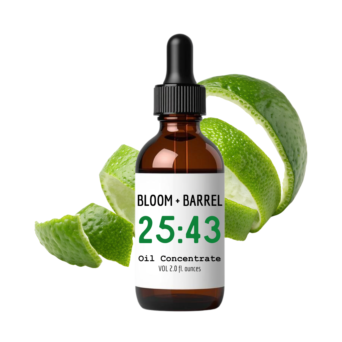 Bottle of Bloom + Barrel oil concentrate with green leaves on a white background