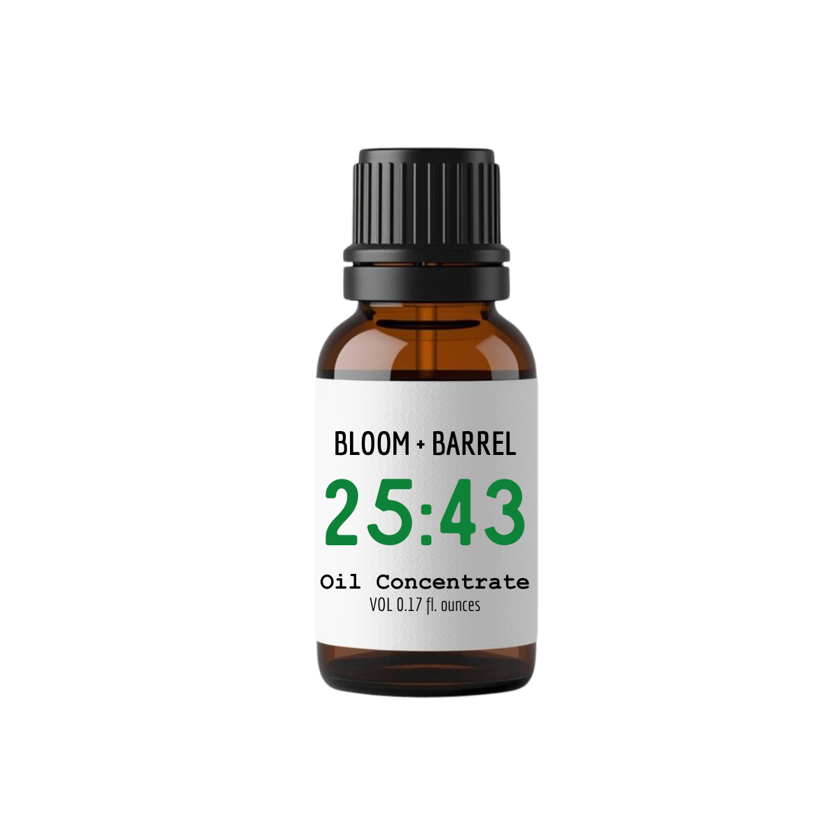 Bottle of Bloom & Barrel oil concentrate with a white label on a white background