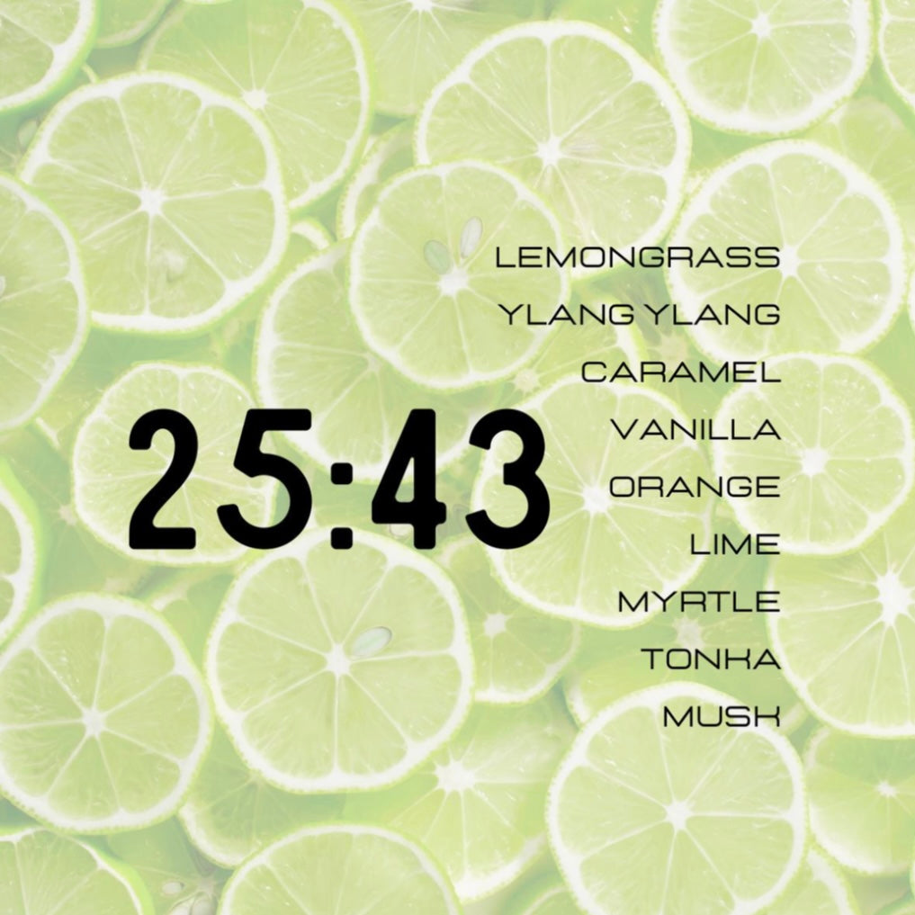 Lime slices with a timer and fragrance notes on a green background