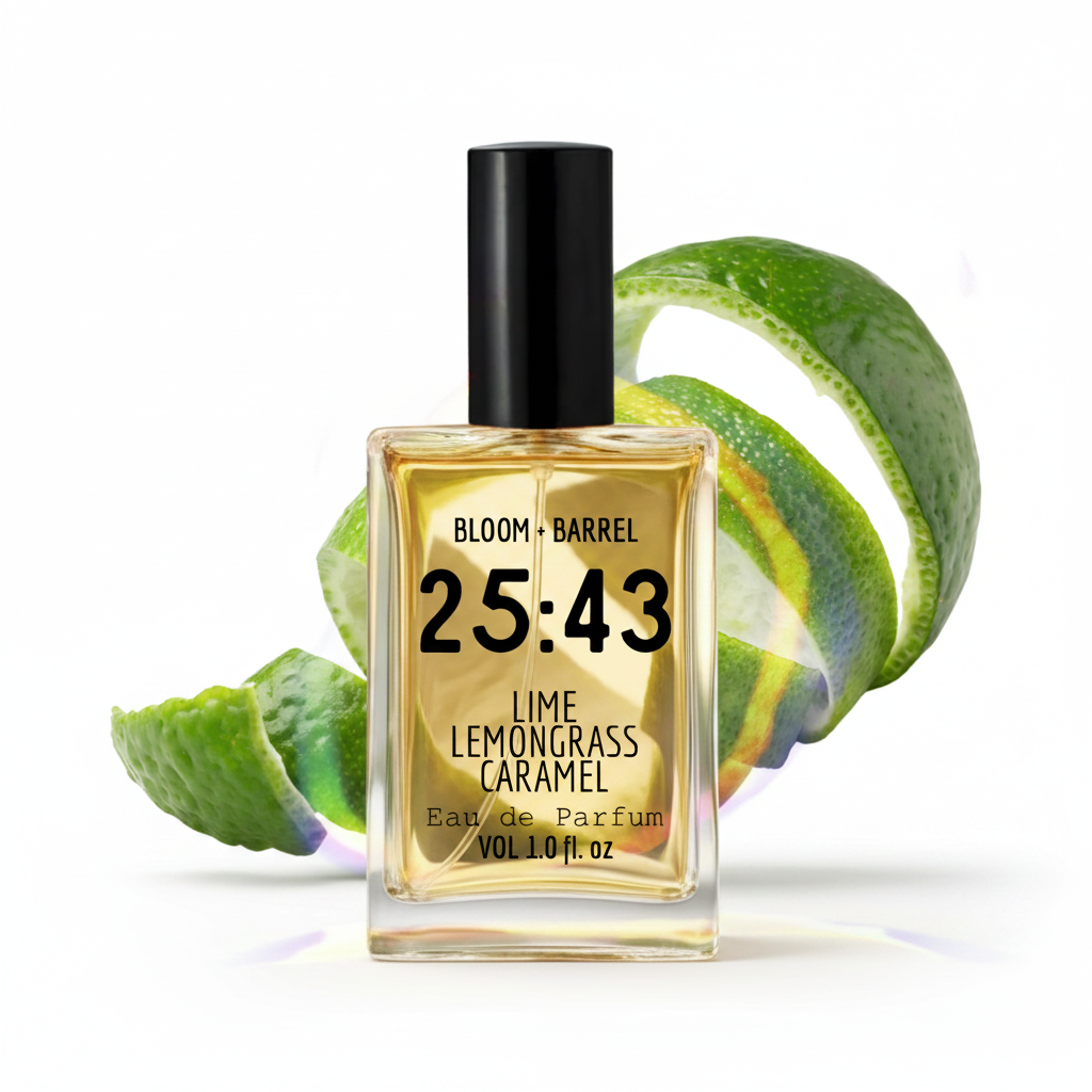 Bottle of Bloom & Barrel Lime Lemongrass Caramel eau de parfum with lime slices on a white background