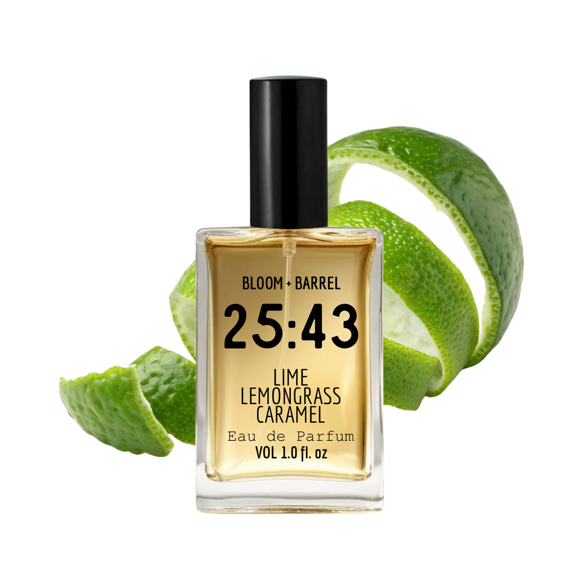 Bottle of Bloom & Barrel Lime Lemongrass Caramel eau de parfum with lime slices on a white background