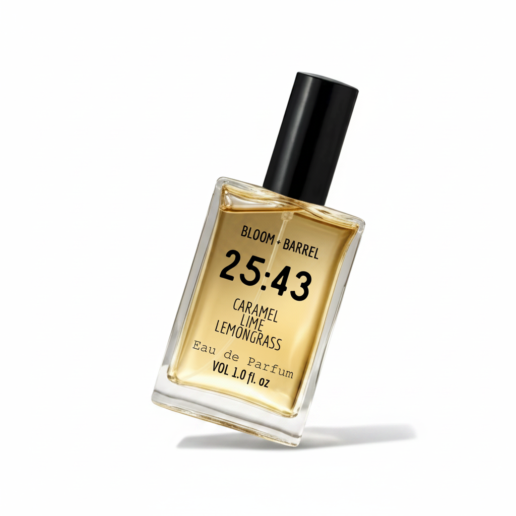 Perfume bottle labeled 'Bloom & Barrel' with '25:43' on a white background