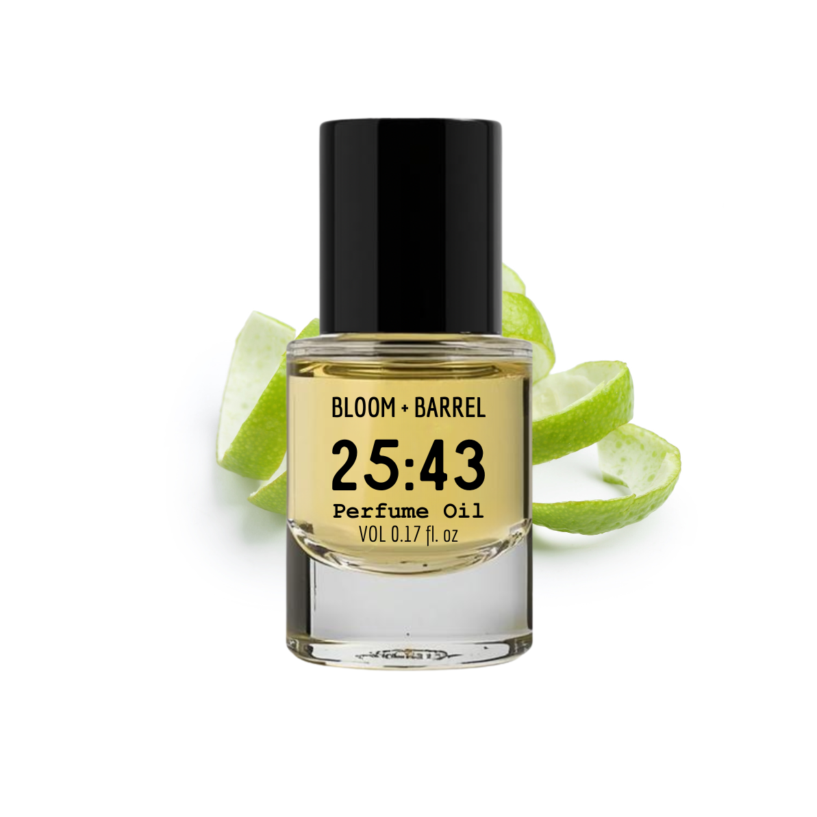 Perfume oil bottle with black cap and yellow label featuring 'Bloom & Barrel' branding, surrounded by green apple slices on a white background.