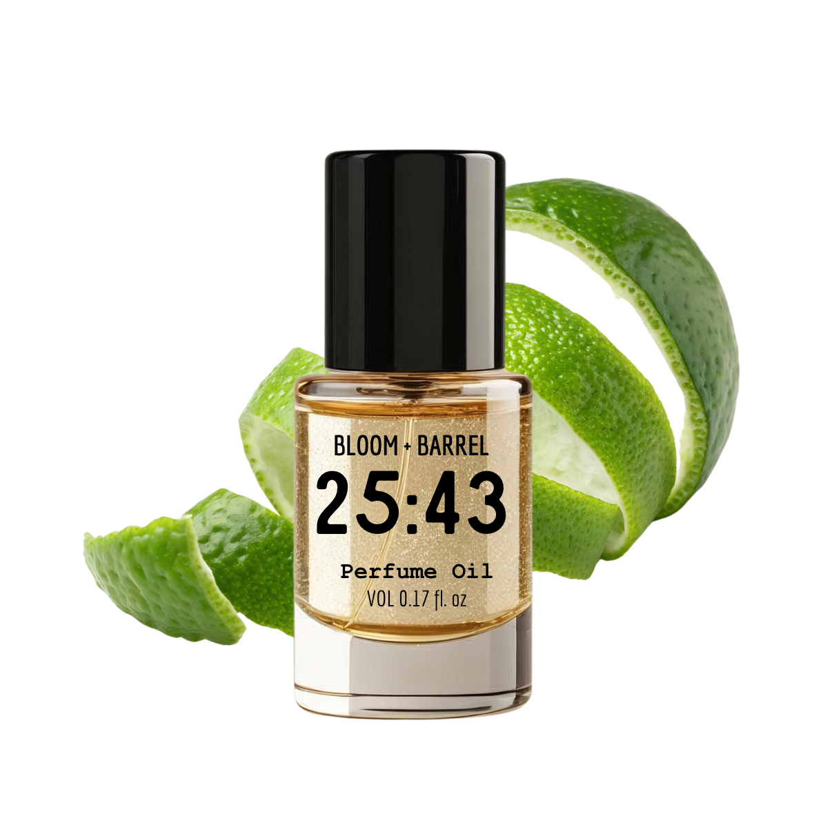 Perfume oil bottle labeled '25:43' with green fruit slices on a white background
