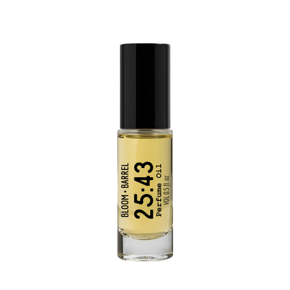 Perfume bottle labeled 'Bloom & Barrel 25:43' on a white background