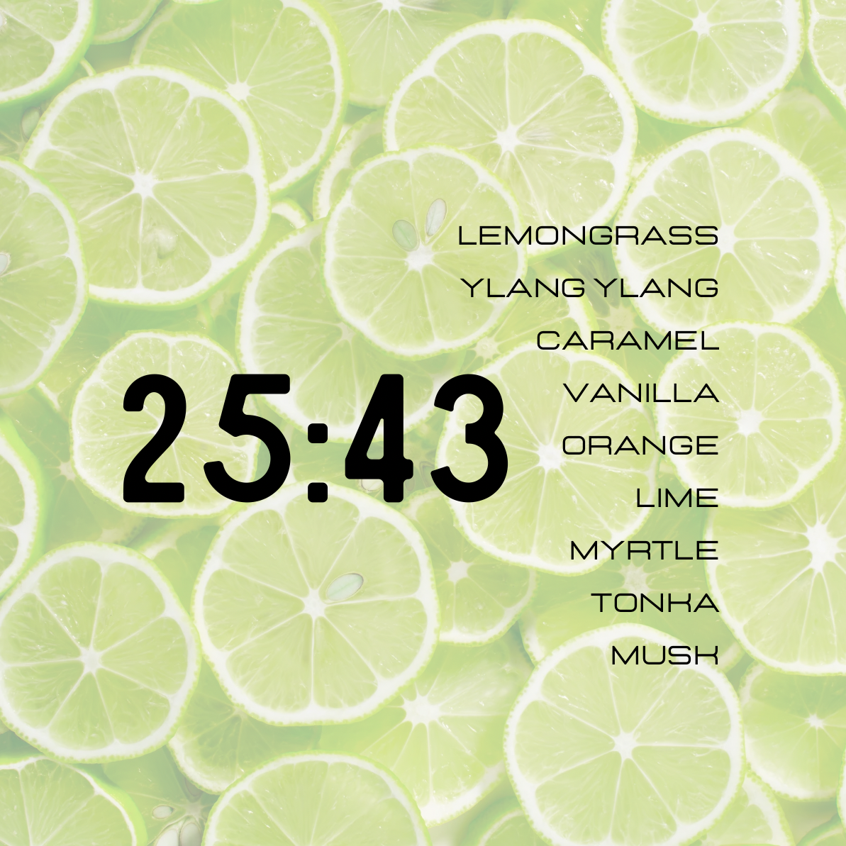 Pattern of lime slices with a timer and fragrance notes on a green background