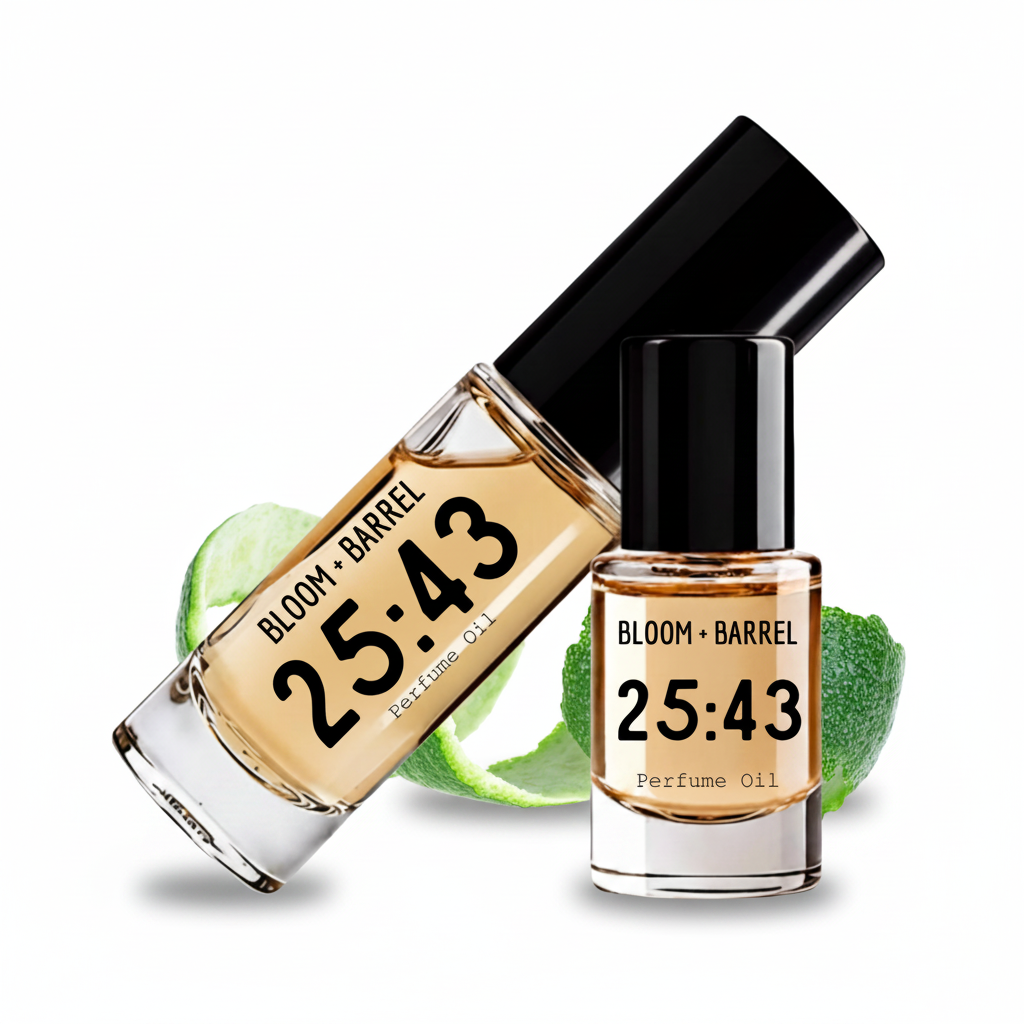 Two clear glass bottles of perfume oil with black caps and black labels reading BLOOM + BARREL 25:43 Perfume Oil, shown on a white background with green lime slices behind them.