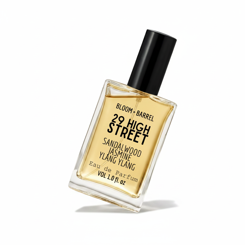 Perfume bottle labeled '29 High Street' by Bloom & Barrel on a white background