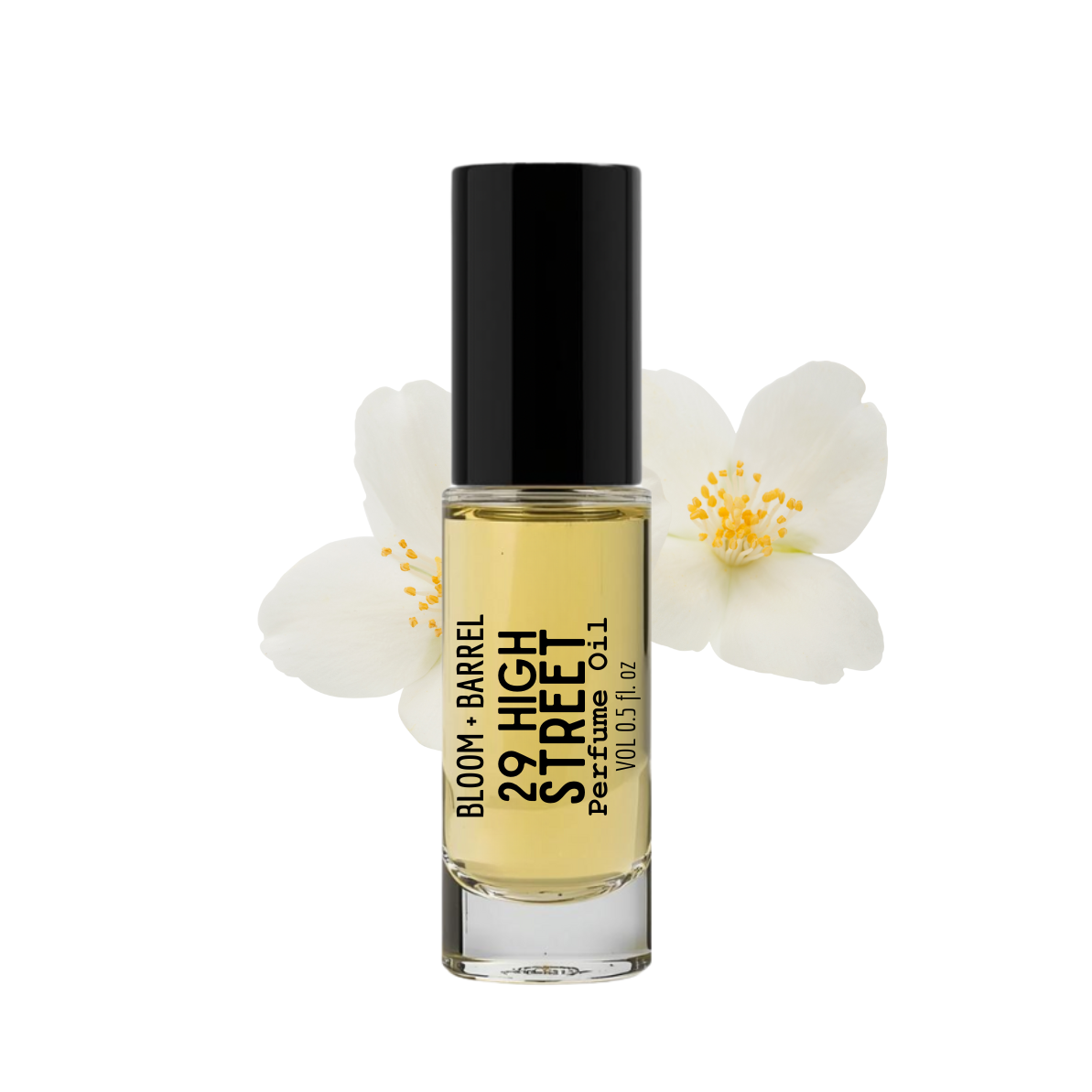 Perfume bottle with black cap and yellow label surrounded by white flowers on a white background