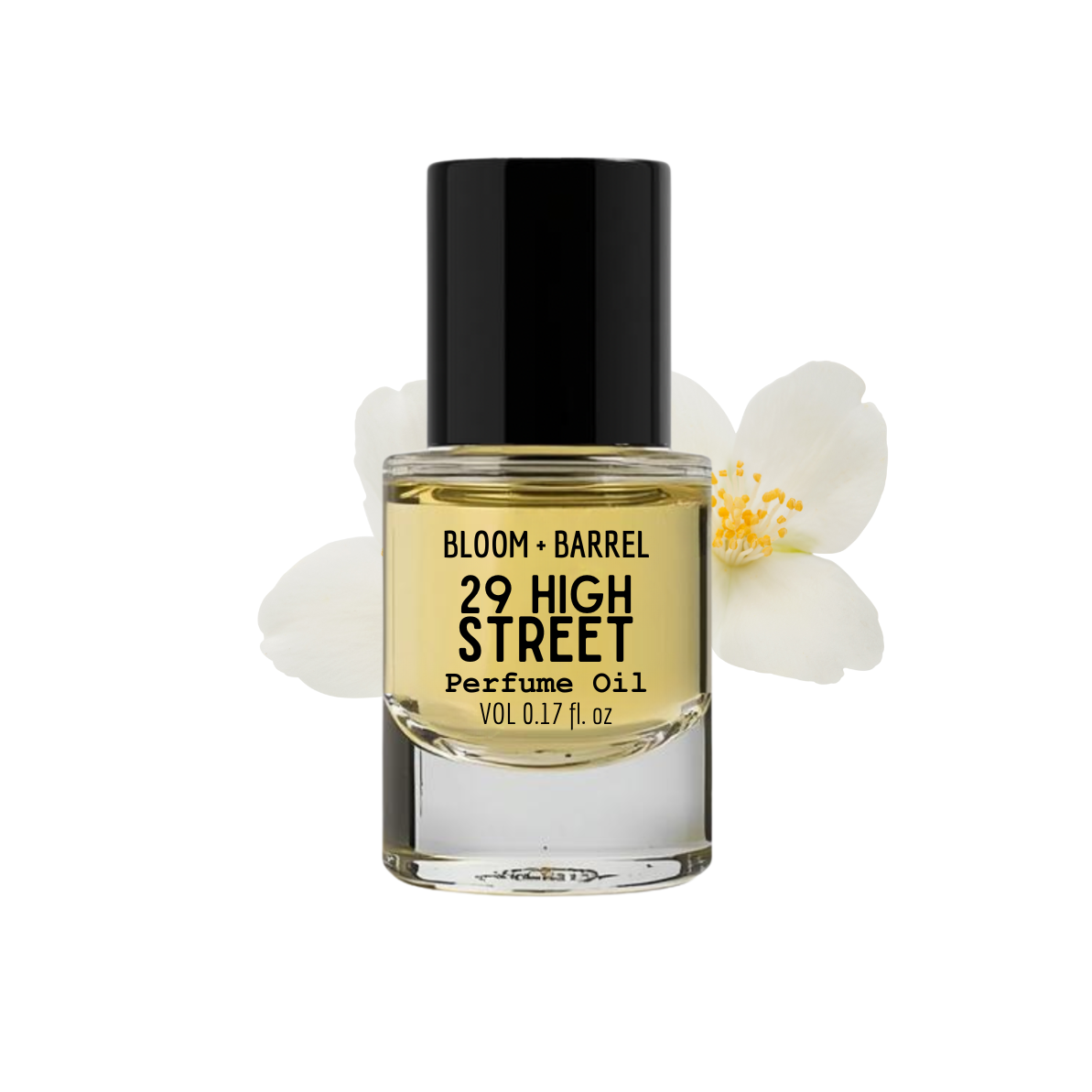 Perfume oil bottle labeled '29 High Street' with a white flower on a white background