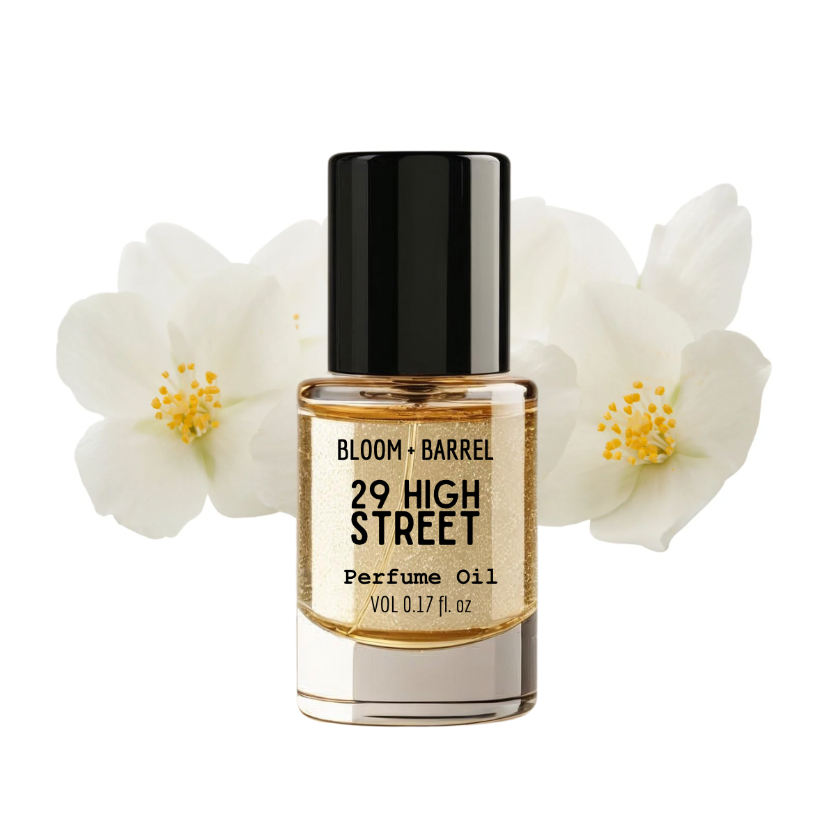 Perfume oil bottle labeled '29 High Street' with white flowers on a white background