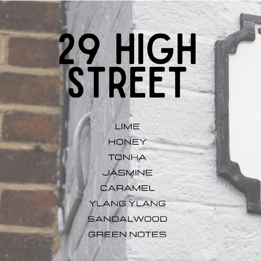 Text '29 High Street' with fragrance notes on a door background