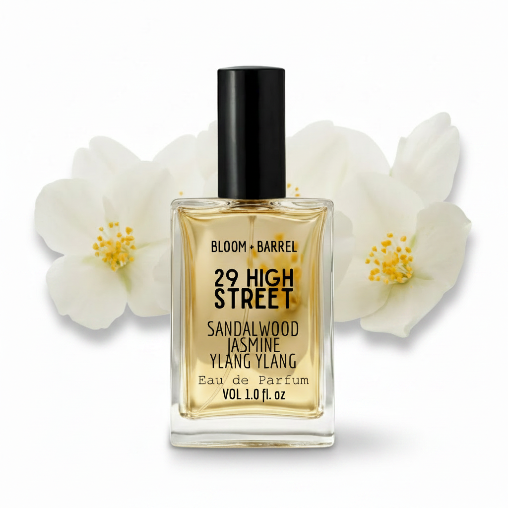 Perfume bottle labeled '29 High Street' with sandalwood jasmine ylang ylang on a white background
