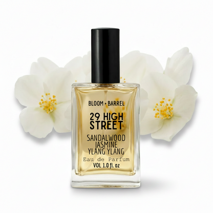 Perfume bottle labeled '29 High Street' with sandalwood jasmine ylang ylang on a white background