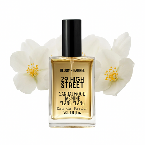 Perfume bottle labeled '29 High Street' with sandalwood jasmine ylang ylang on a white background