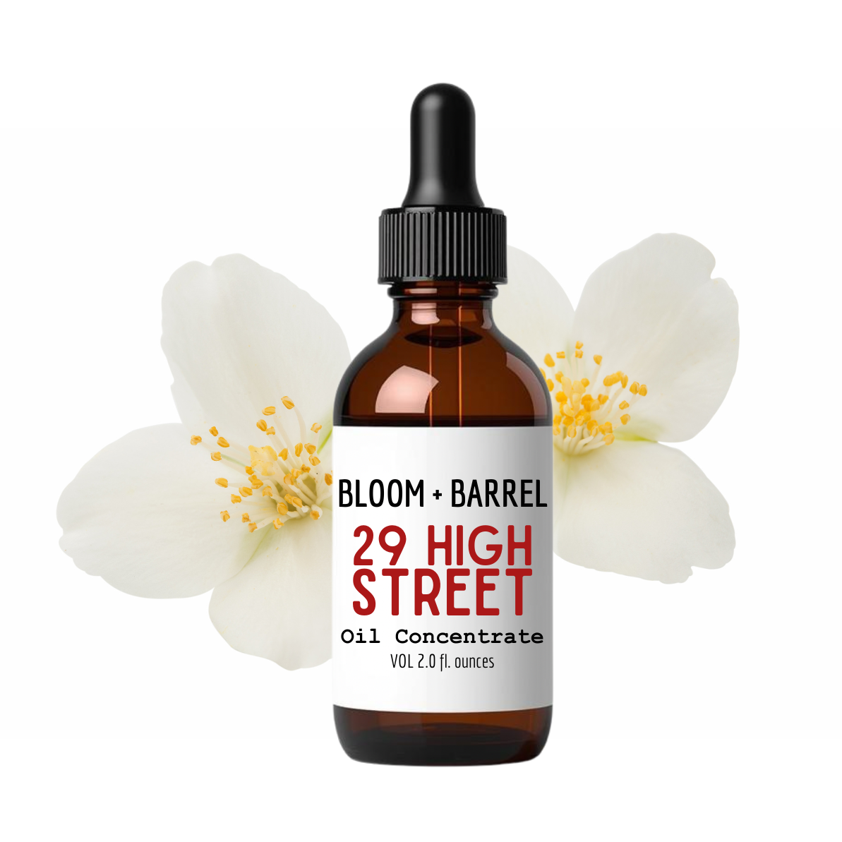 Bottle of '29 High Street' oil concentrate with a dropper surrounded by flowers on a white background