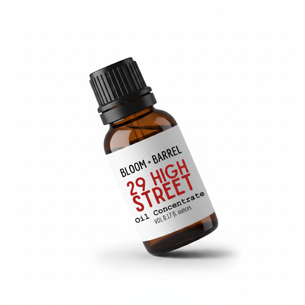 Bottle of Bloom & Barrel 29 High Street oil concentrate on a white background