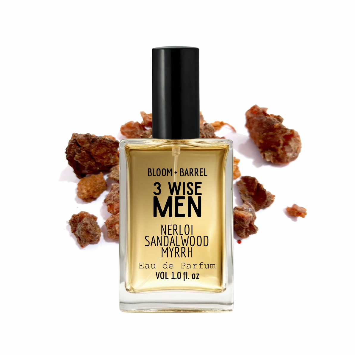 Perfume bottle labeled '3 Wise Men' with sandalwood myrrh on a white background