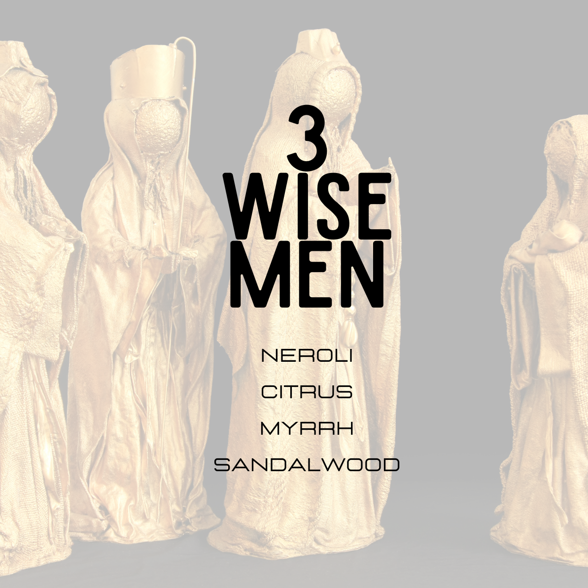 Decorative arrangement of three Wise Men figures with text on a gray background