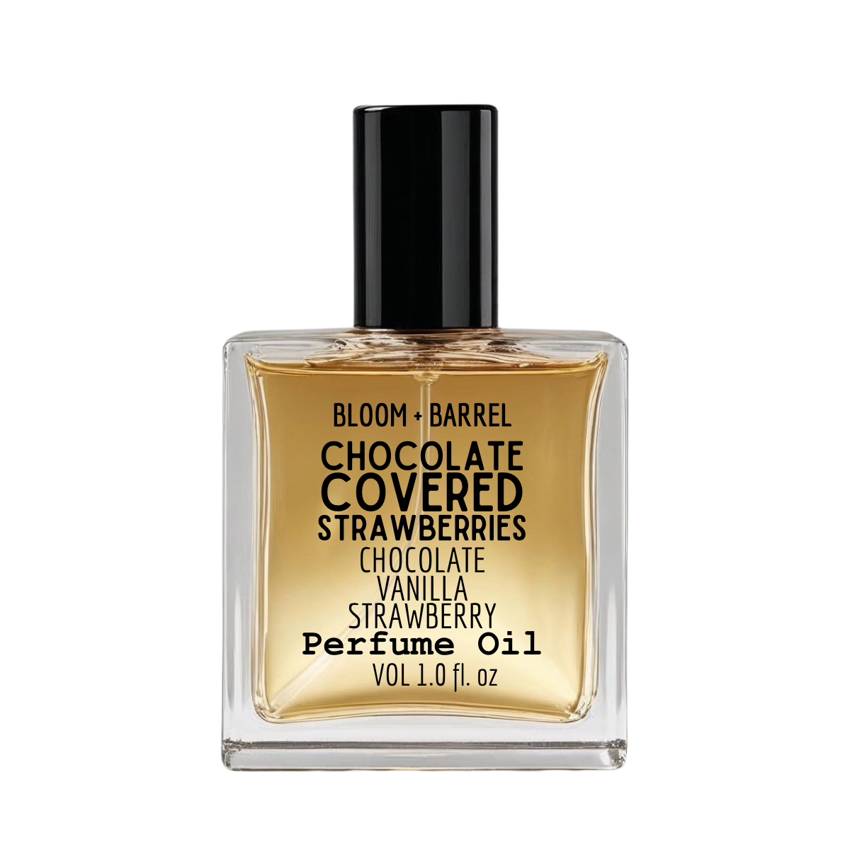 Perfume oil bottle labeled 'Chocolate Covered Strawberries' by Bloom & Barrel on a white background