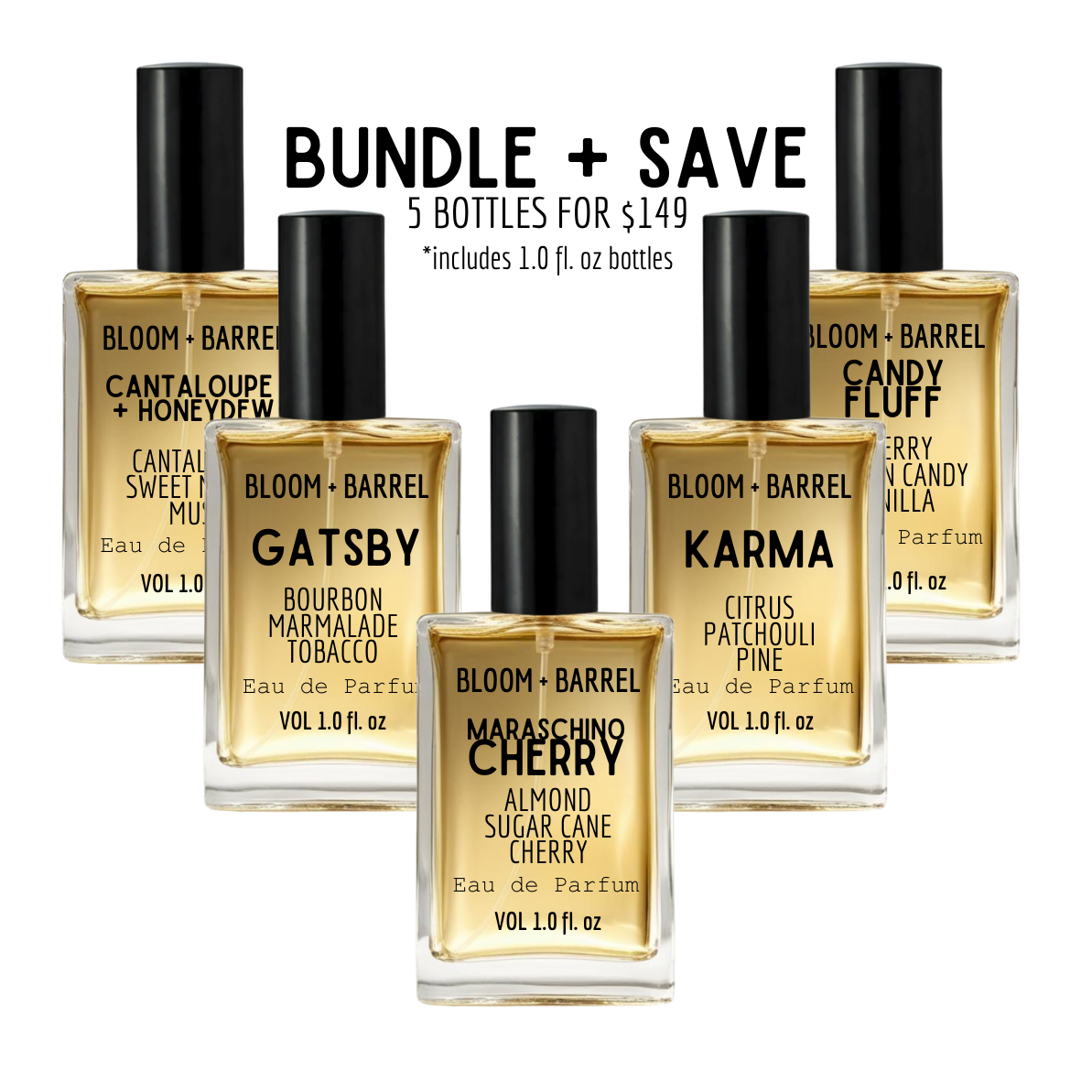 Five Bloom + Barrel perfume bottles arranged in a bundle with promotional text reading 'BUNDLE + SAVE' above them. The bottles contain amber-gold liquid and have black caps; visible scents include Cantaloupe + Honeydew, Gatsby, Karma, Maraschino Cherry, and Candy Fluff.