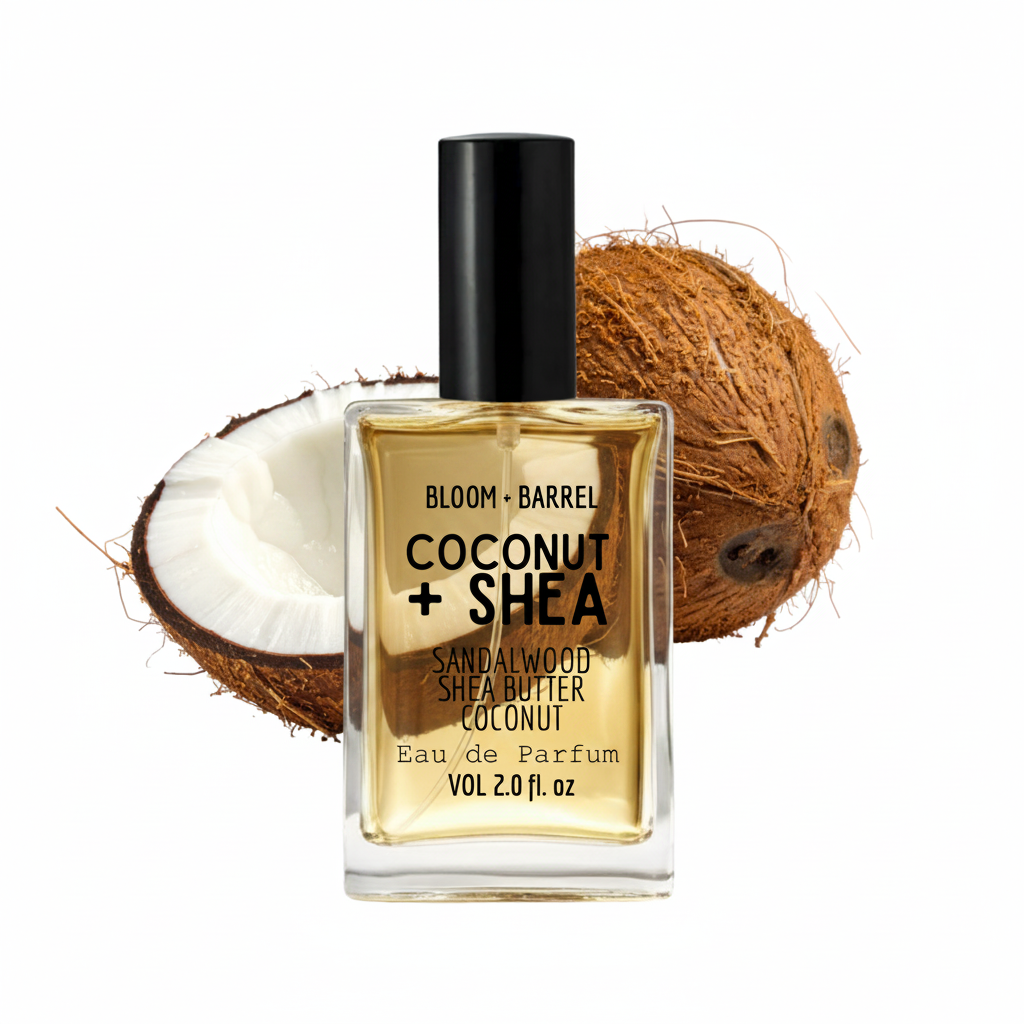 Bottle of Bloom + Barrel Coconut + Shea sandalwood shea butter coconut eau de parfum with a coconut in the background.