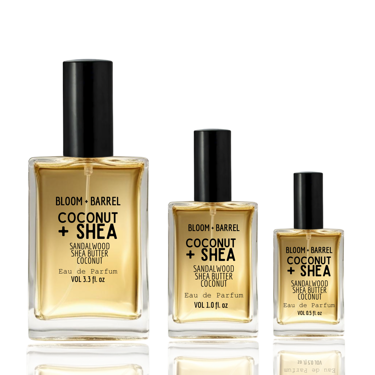 Three bottles of Bloom + Barrel Coconut + Shea perfume on a white background