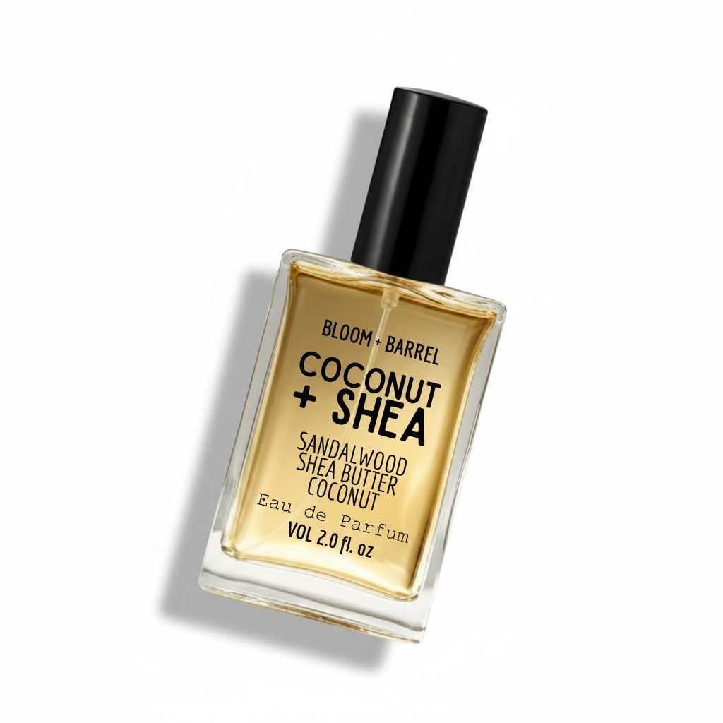 Bottle of Bloom + Barrel Coconut + Shea sandalwood shea butter coconut eau de parfum on a white background