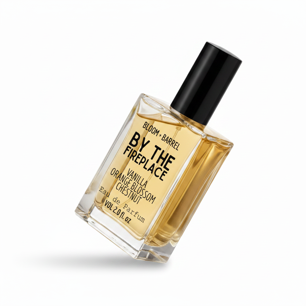 Perfume bottle labeled 'by the fireplace' by Bloom & Barrel on a white background