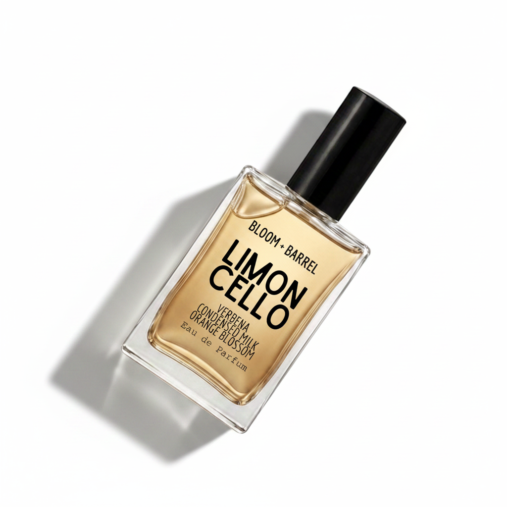 Bloom Barrel Limon Cello Eau de Parfum bottle with a black cap and amber-colored liquid, shown on a plain white background.