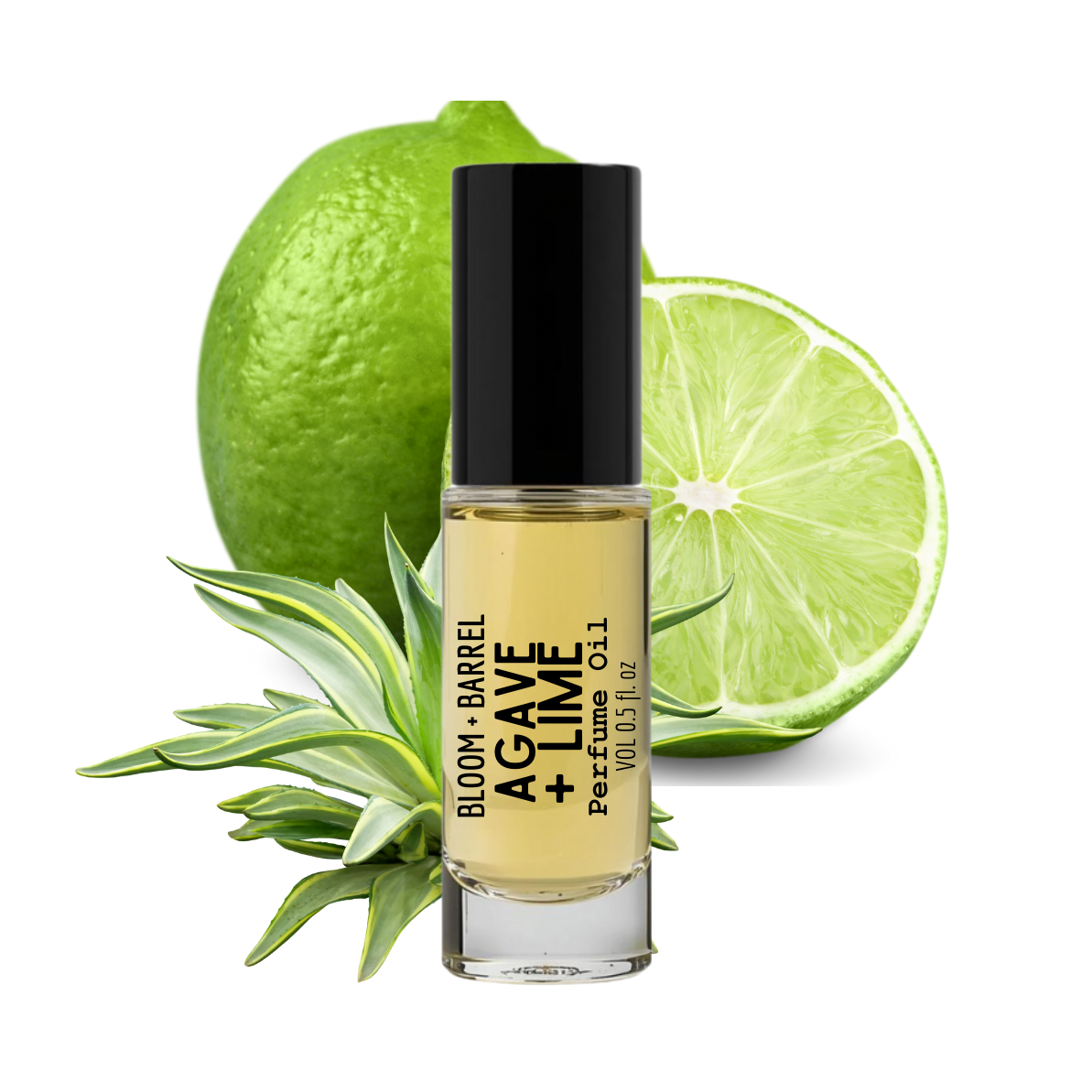 Perfume bottle labeled 'Agave + Lime' with a green lime and aloe vera leaves on a white background