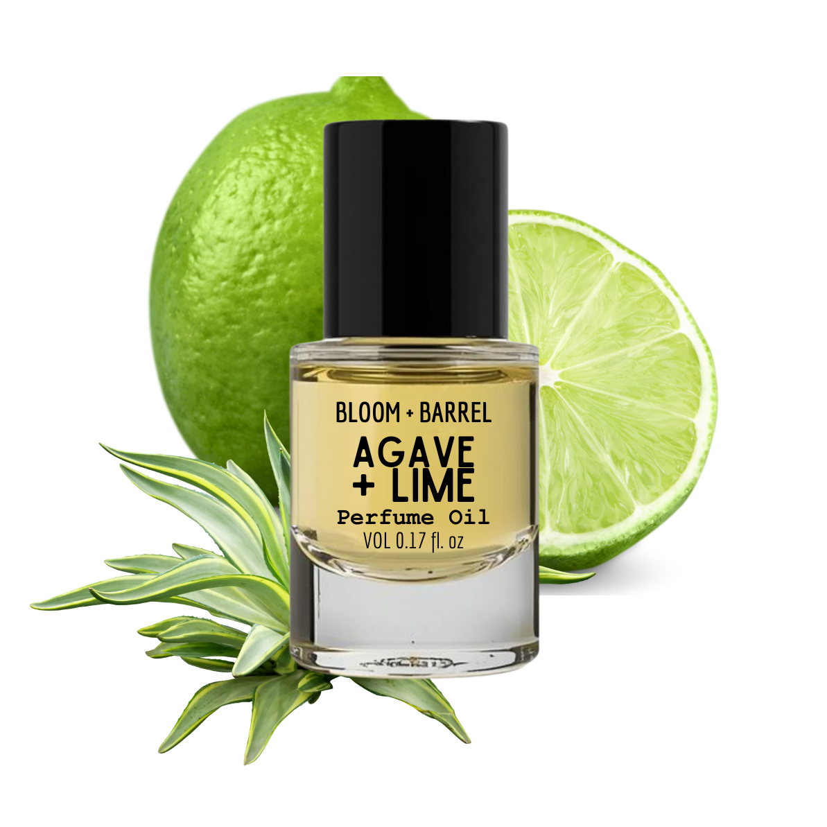 Perfume oil bottle labeled 'Agave + Lime' with an agave plant and lime slices on a white background