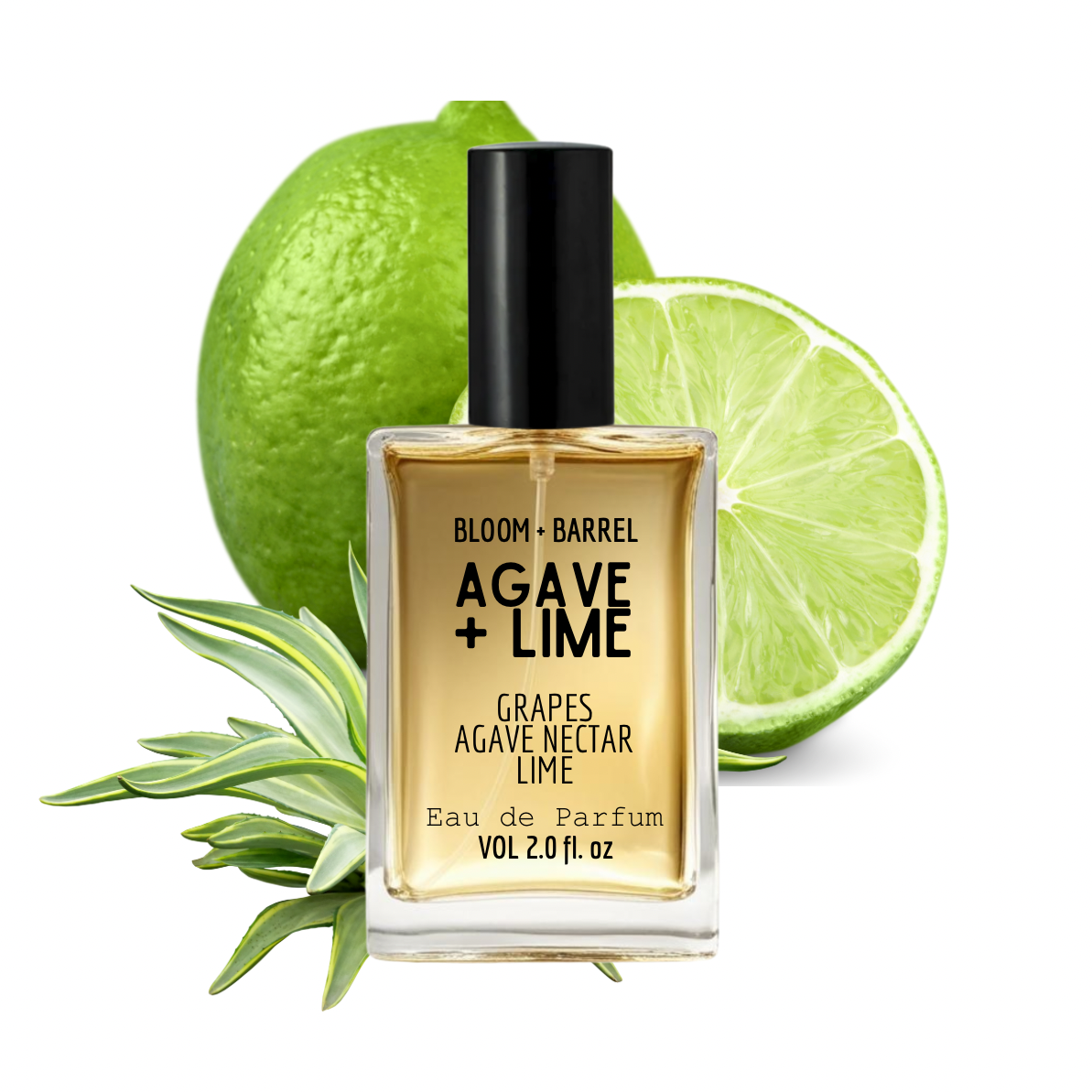 Perfume bottle labeled 'Agave + Lime' with an agave plant and lime slices on a white background